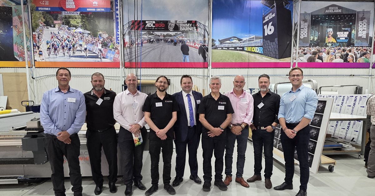 Big Image Australia Open Day: James Gleeson (HP), Aran Kilpatrick (Graphic Art Mart), Mark McInnes (Graphic Art Mart), Deon Capogreco (Big Image Australia), John Fulbrook (Member for Playford), Carlo Capogreco (Big Image Australia), Richard Lucas (Halifax Vogel Group), Paul Gerasolo (Halifax Vogel Group), Liam Simmons (Shann Australia)